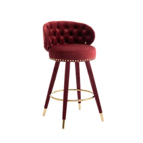 i-POOK Velvet Bar Stools Set of 2 with Swivel, Nailhead Trim, Tufted Back for Kitchen Island Pub - Claret Red