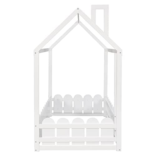 White Montessori Twin House Bed Frame with Fence