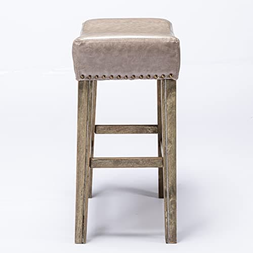 Farmhouse Bar Stools Set of 2, Gray PU Leather Upholstered Saddle Stools