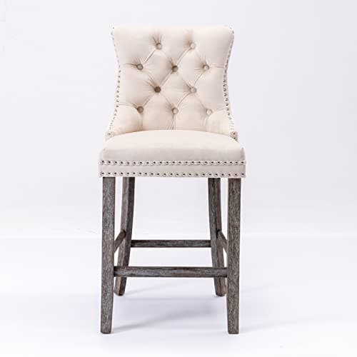 Velvet Bar Stools Set of 2, Beige, Counter Height