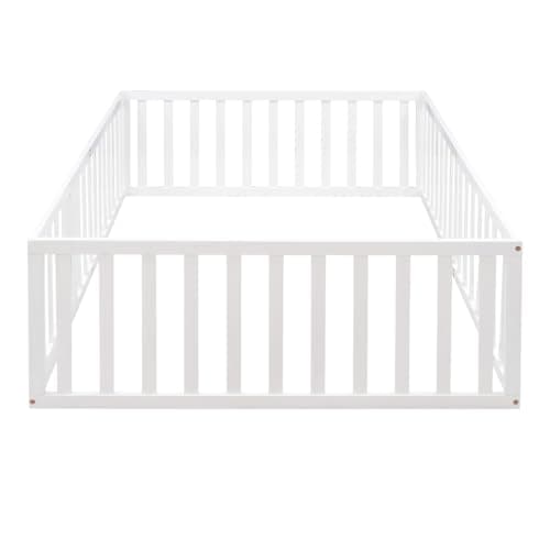 Montessori Floor Bed for Children Boys and Girls, White Wood Frame with Fence and Door