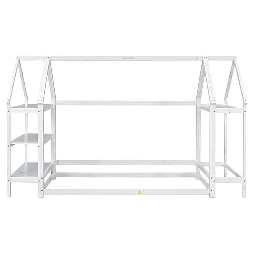 Wooden Montessori Twin Size Floor Bed with Roof Frame and Detachable Stands - White House-Shaped Tent Bed for Children