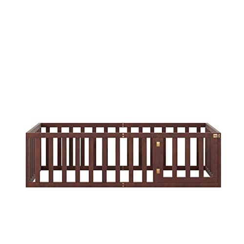 Wooden Twin Size Floor Bed Frame with Safety Guardrails, Easy to Assemble, Walnut