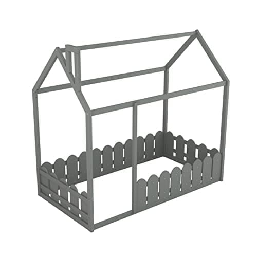 Wood House Bed Frame for Kids, Twin Size with Fence & Roof, Full-Length Guardrail, Gray