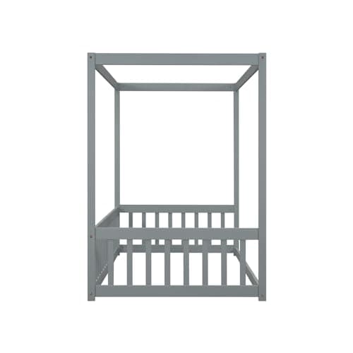 Wooden Twin Montessori Floor Bed Frame with Canopy and Guardrails