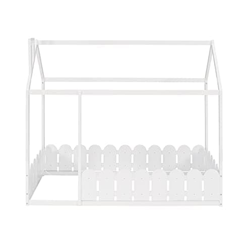 White Montessori Twin House Bed Frame with Fence