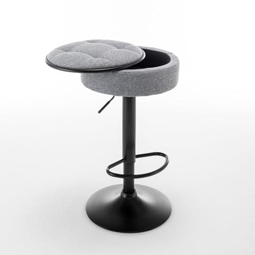 Round Storage Bar Stools Set of 2 with Adjustable Height, Swivel Linen Bar Chair for Kitchen Counter and Dining Room, Grey
