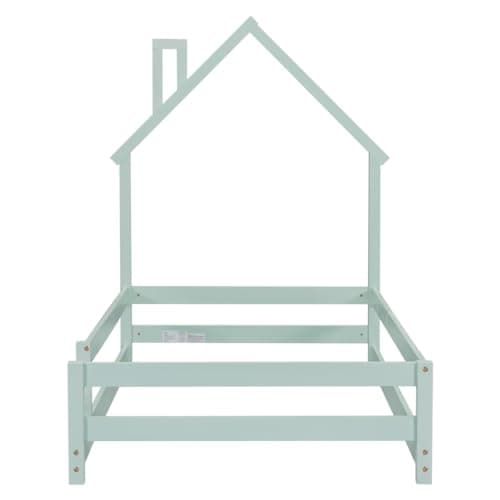 Wood Floor Bed with House-Shaped Headboard and Fences in Green