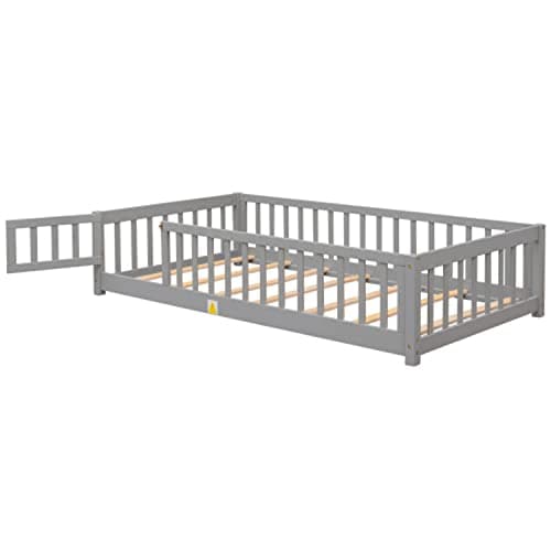 Solid Wood Montessori Floor Bed for Children with Safety Guardrails, Gray (Twin Size)