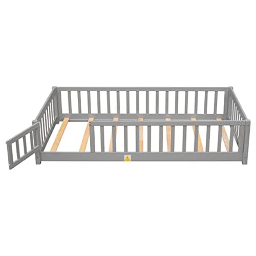 Solid Wood Montessori Floor Bed for Children with Safety Guardrails, Gray (Twin Size)