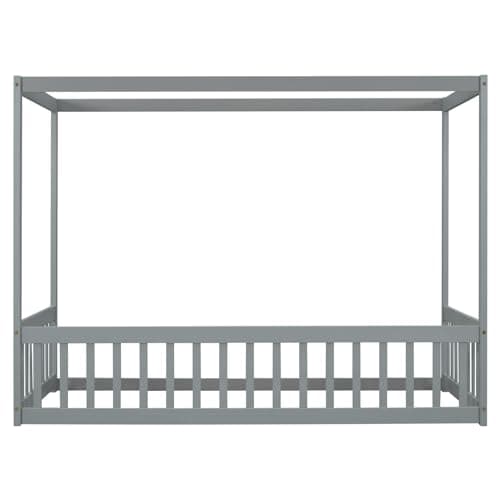 Wooden Twin Montessori Floor Bed Frame with Canopy and Guardrails