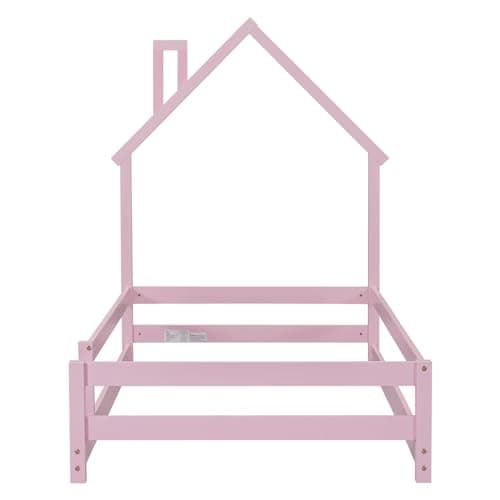 Wooden Montessori Twin Floor Bed with House-Shaped Headboard and Fence Guardrails, Pink