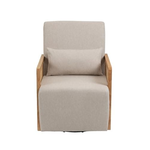 Modern Swivel Accent Chair with Rattan Armrests and Lumbar Pillow, Green