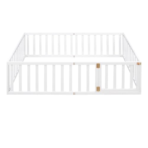 Montessori Floor Bed for Children Boys and Girls, White Wood Frame with Fence and Door