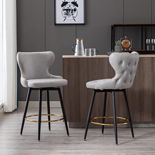 Fabric Upholstered Swivel Bar Stools Set of 2, 25 Inch Height with Tufted Back, Nailhead Trim, Metal Legs for Kitchen Island Pub, Gray