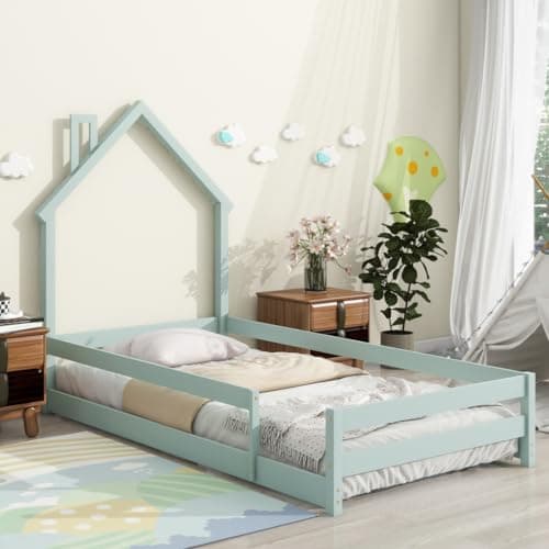 Wood Floor Bed with House-Shaped Headboard and Fences in Green