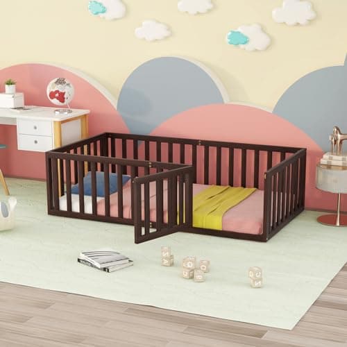 Montessori Floor Bed for Children Boys and Girls, White Wood Frame with Fence and Door