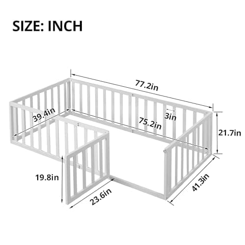 Multifunctional Montessori Floor Bed for Kids with Safety Guardrails, Solid Wood Frame, White