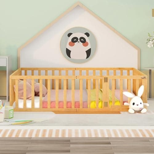 Solid Wood Montessori Floor Bed for Children with Fence & Door