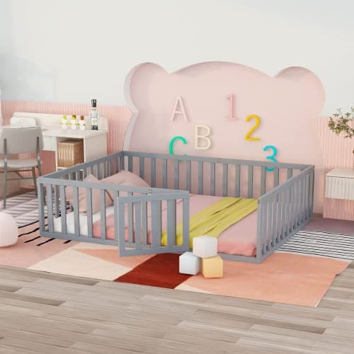 Montessori Floor Bed with Safety Guardrails for Twin Size, Gray