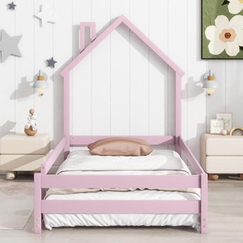Wooden Montessori Twin Floor Bed with House-Shaped Headboard and Fence Guardrails, Pink