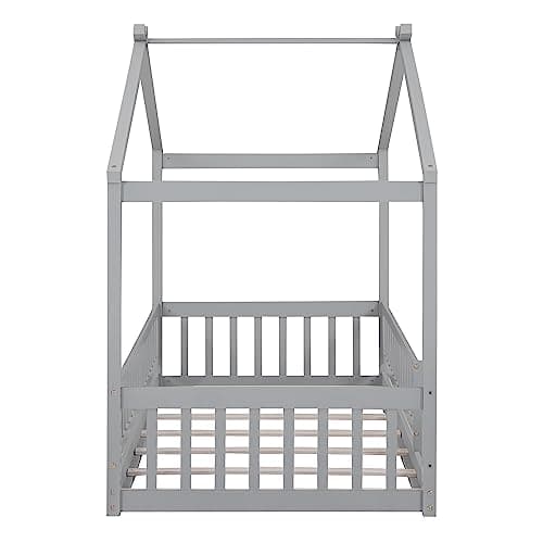 Solid Wood Montessori Floor Bed Frame for Kids with Roof and Guardrails, Gray