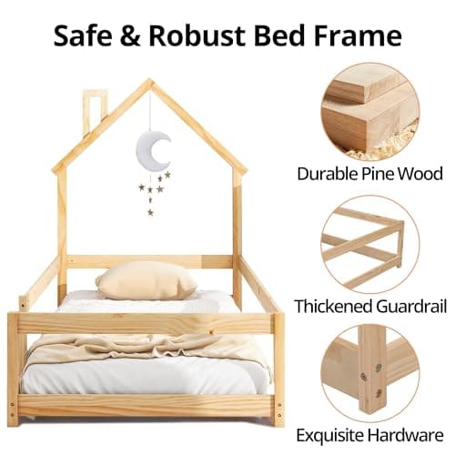 Solid Wood Montessori Floor Bed for Toddlers - Twin Size with House Shaped Headboard