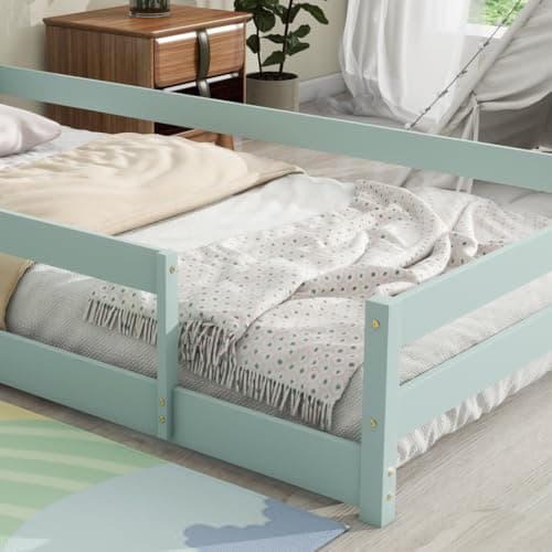 Wood Floor Bed with House-Shaped Headboard and Fences in Green