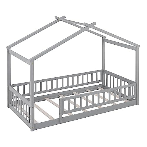 Solid Wood Montessori Floor Bed Frame for Kids with Roof and Guardrails, Gray