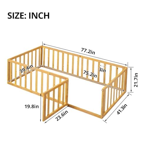 Solid Wood Montessori Floor Bed for Children with Fence & Door