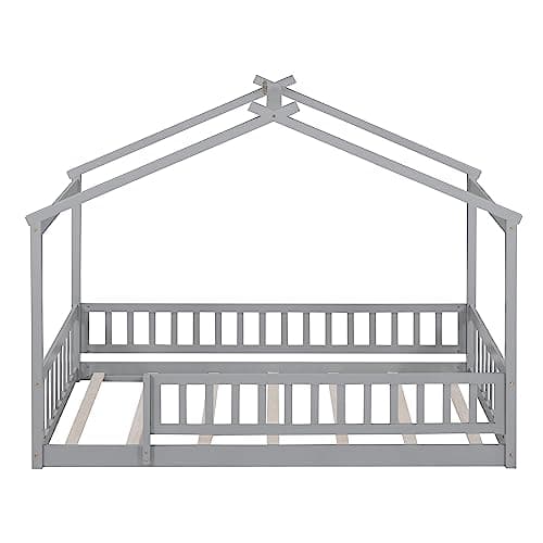 Solid Wood Montessori Floor Bed Frame for Kids with Roof and Guardrails, Gray