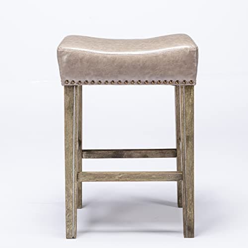 Farmhouse Bar Stools Set of 2, Gray PU Leather Upholstered Saddle Stools
