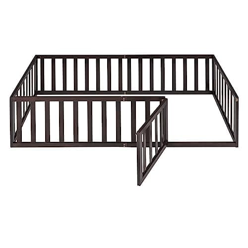 Twin Size Floor Bed with Fence and Door, Montessori Bed Frame for Boys and Girls