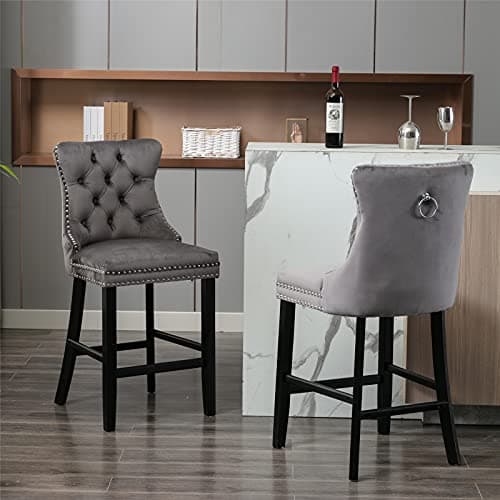 Velvet Bar Stools Set of 2, Beige, Counter Height