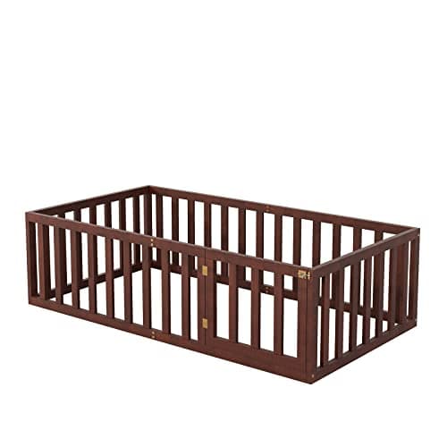 Wooden Twin Size Floor Bed Frame with Safety Guardrails, Easy to Assemble, Walnut