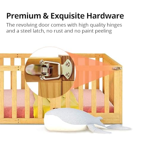 Solid Wood Montessori Floor Bed for Children with Fence & Door