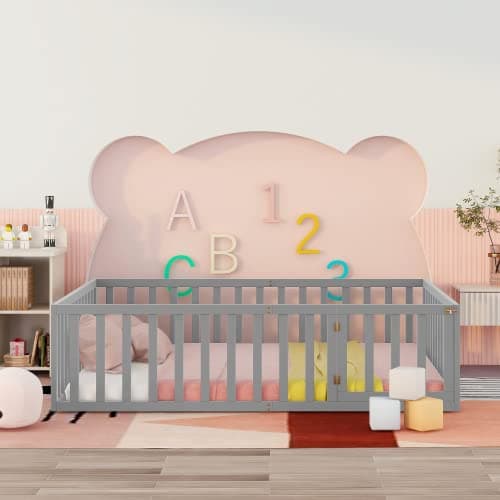 Montessori Floor Bed with Safety Guardrails for Twin Size, Gray