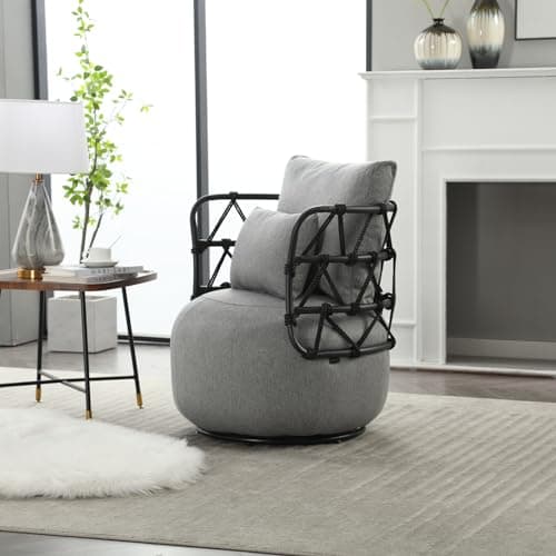 Round Swivel Chair with Back and Pillows, Linen Club Chair for Bedroom and Living Room