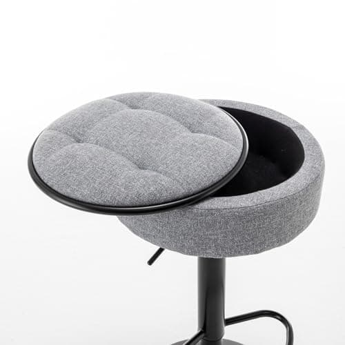 Round Storage Bar Stools Set of 2 with Adjustable Height, Swivel Linen Bar Chair for Kitchen Counter and Dining Room, Grey