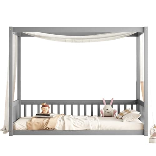 Wooden Twin Montessori Floor Bed Frame with Canopy and Guardrails