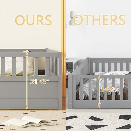 Gray Montessori Twin Size Floor Bed with High Fence, Door and Slats for Kids