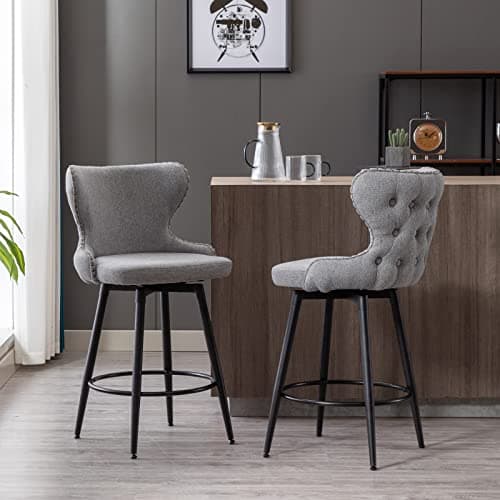 Fabric Upholstered Swivel Bar Stools Set of 2, 25 Inch Height with Tufted Back, Nailhead Trim, Metal Legs for Kitchen Island Pub, Gray