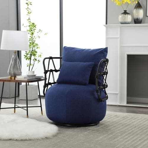Round Swivel Chair with Back and Pillows, Linen Club Chair for Bedroom and Living Room