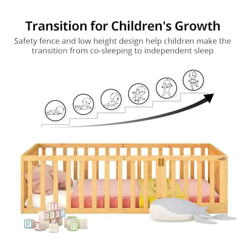 Solid Wood Montessori Floor Bed for Children with Fence & Door