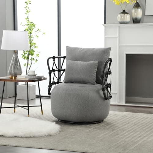 Round Swivel Chair with Back and Pillows, Linen Club Chair for Bedroom and Living Room