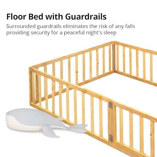 Solid Wood Montessori Floor Bed for Children with Fence & Door