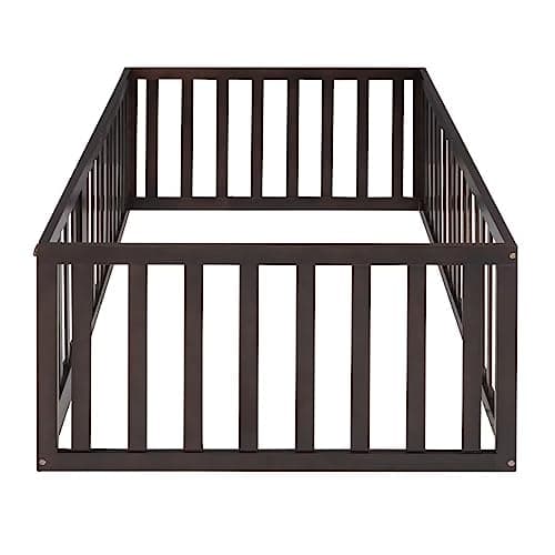 Twin Size Floor Bed with Fence and Door, Montessori Bed Frame for Boys and Girls