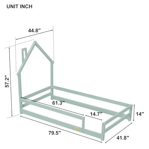 Wood Floor Bed with House-Shaped Headboard and Fences in Green