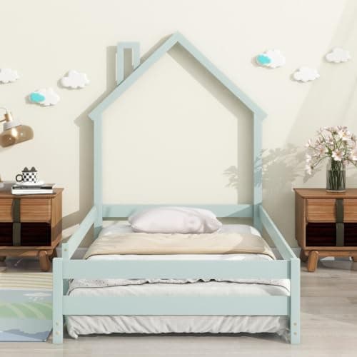 Wood Floor Bed with House-Shaped Headboard and Fences in Green