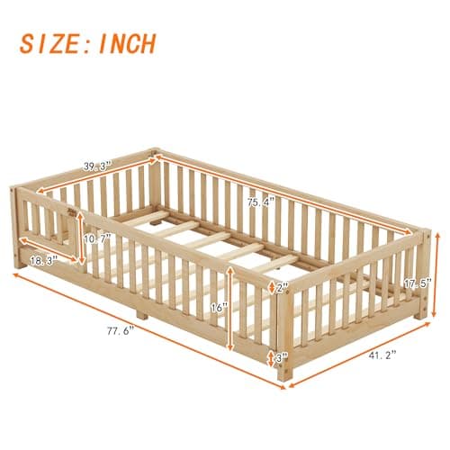 Wood Montessori Twin Floor Bed with Rails for Kids, Boys, Girls